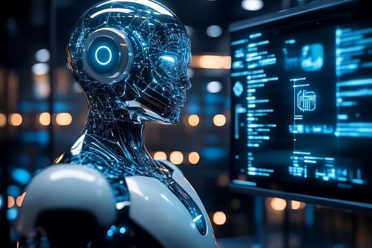 Futuristic Robotic AI Interface with Blue Cybernetic Design in High Tech Environment : Generative AI