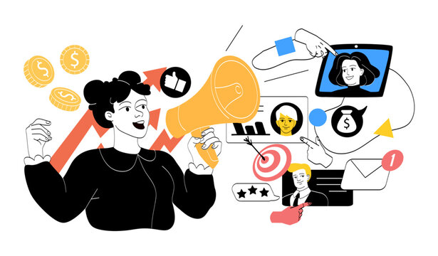 Promoting blogger on social networks. Woman with loudspeaker near profiles of bloggers with rating. SMM specialist. Marketing and advertising on Internet. Linear vector illustration