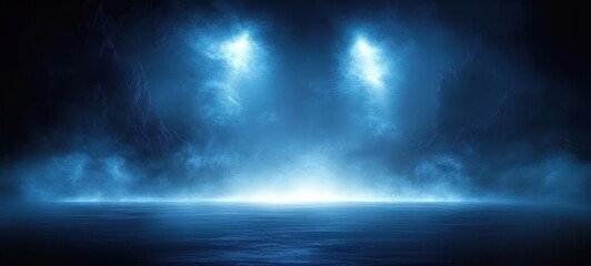 Fototapeta premium Mystical Foggy Landscape with Dramatic Blue Lighting Ethereal Glow and Vanishing Horizon