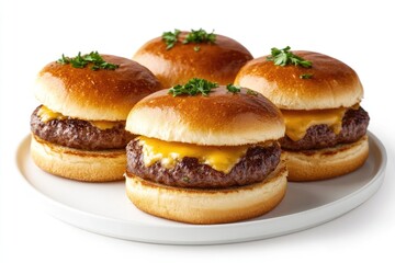 Four delicious cheeseburgers with melted cheese and parsley garnish on a white plate.