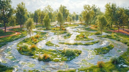 Naklejka premium Serene River Landscape: A Picturesque Meandering Stream Through Lush Greenery