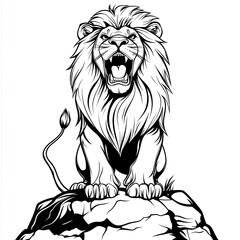Obraz premium Majestic Roaring Lion: A Black and White Wildlife Illustration