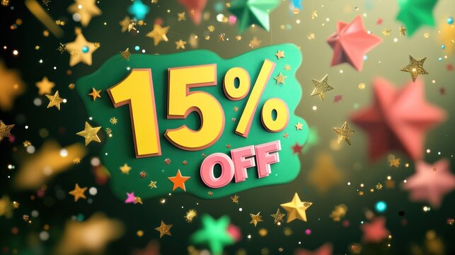 15% off sale banner with colorful stars.