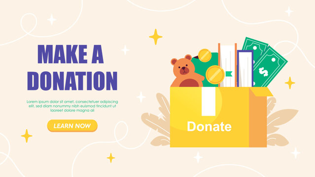 Make donation poster. Box with toys and books. Charity, kindness and generosity. Donations from charities for poor and needy. Landing webpage design. Flat vector illustration