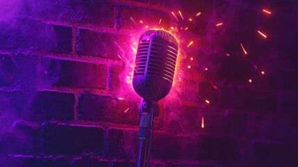Retro microphone with sparks and smoke against a brick wall.