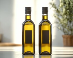 Minimalist Olive Oil Bottles in Natural Light on White Background
