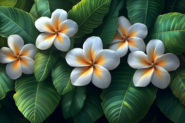 Tropical Plumeria flowers bloom, lush leaves background, digital art, design