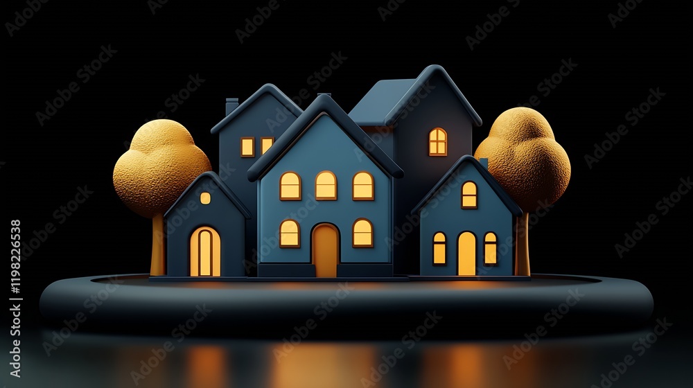Poster modern minimalist house illustration with glowing windows set against a dark backdrop : generative a