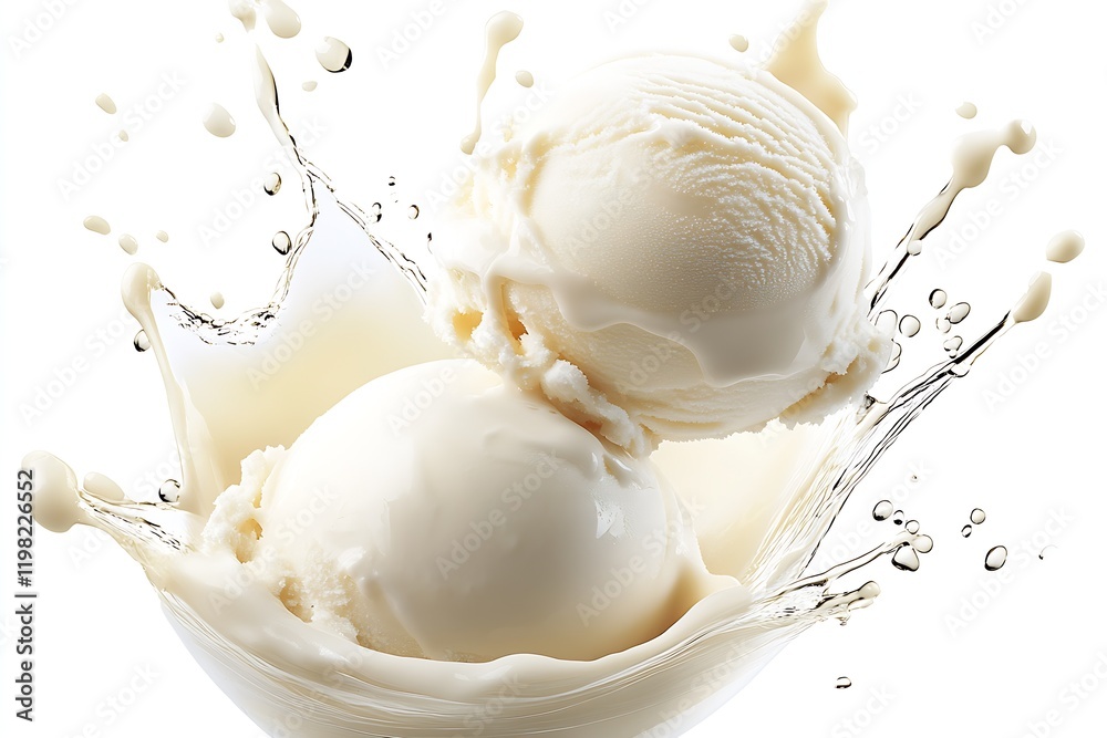 Poster refreshing vanilla ice cream scoops splashing in creamy liquid : generative ai