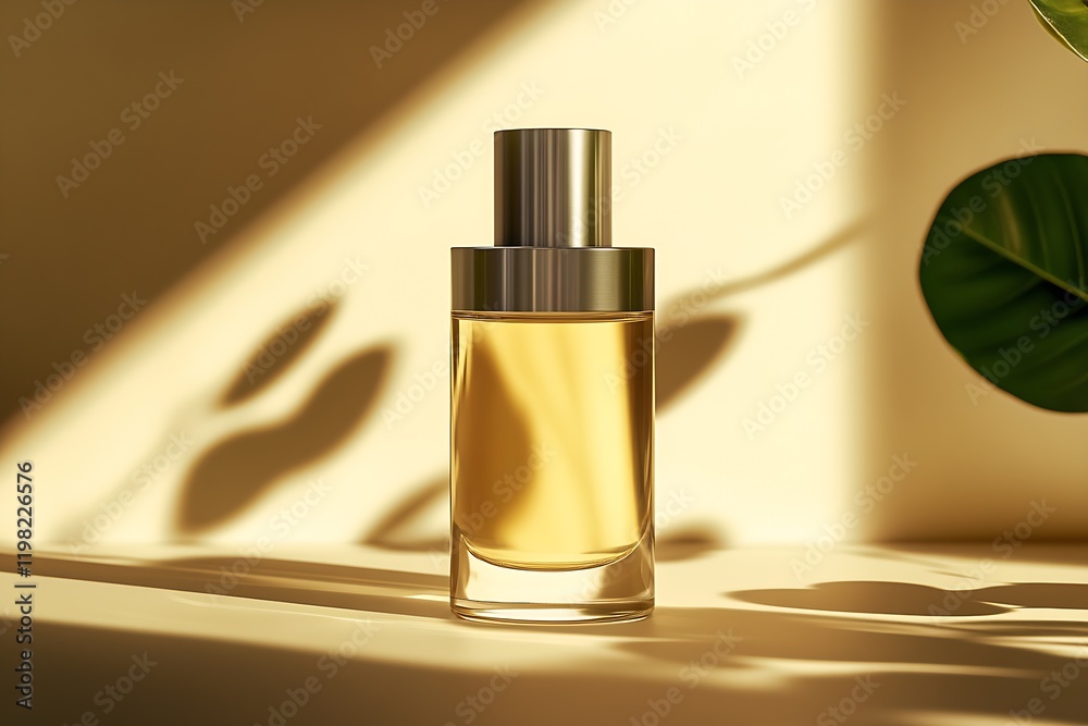 Poster elegant perfume bottle in a gentle sunlit setting with natural greenery : generative ai