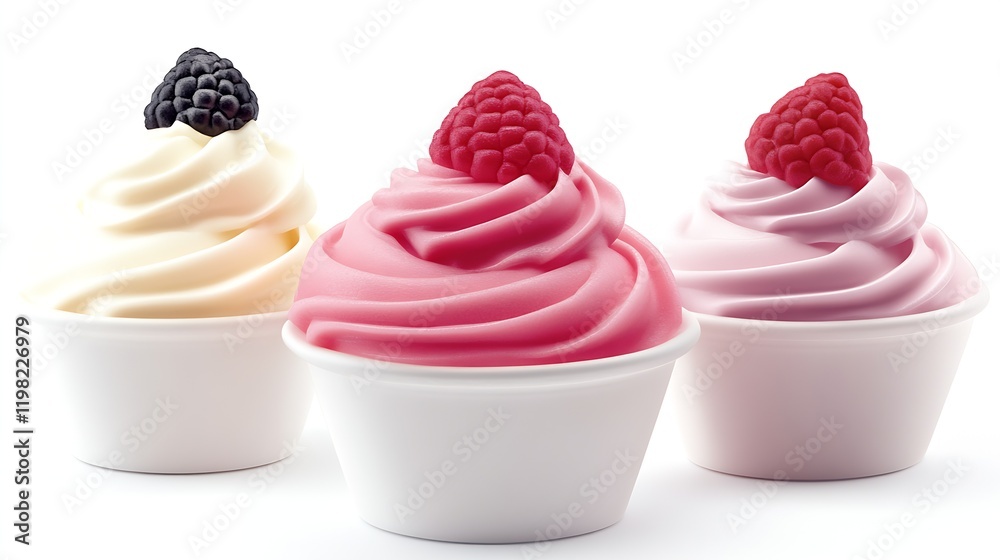 Poster assorted berry-topped frozen yogurt cups with vibrant colors and creamy swirls : generative ai