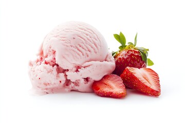 Delicious Strawberry Ice Cream Scoop with Fresh Strawberries on White Background : Generative AI