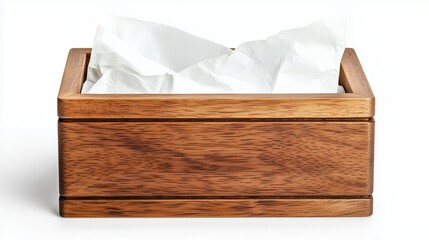 A wooden tissue box with white tissue paper isolated on transparent white background clipping path