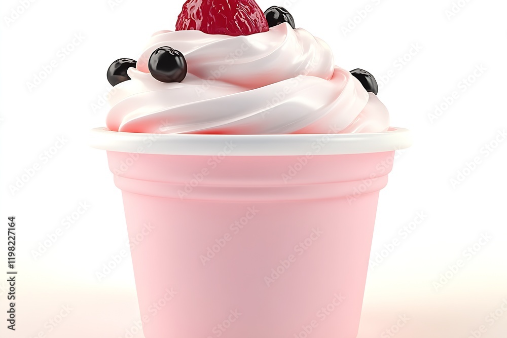 Poster delicious strawberry raspberry frozen yogurt with blueberries in pink cup : generative ai