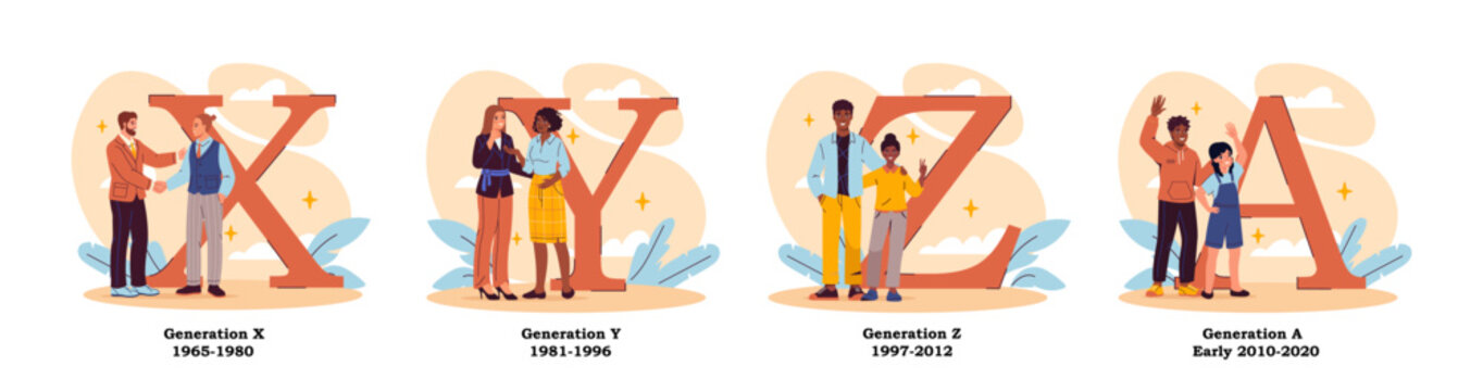 People generations concept. X, y, z and alpha generations. Boomers, zoomers and doomers. Various entertainment and hobbies. Demographic classification. Flat vector illustration