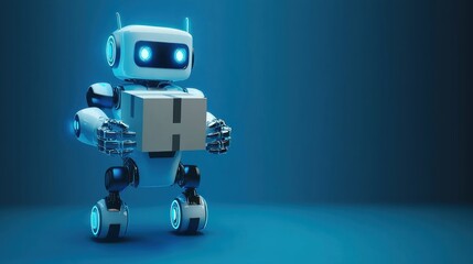 A small white robot carries a package against a blue background.