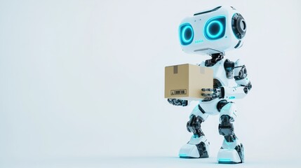 A small white robot holds a cardboard box against a white background.
