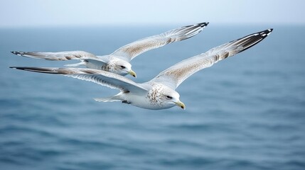 Two seagulls in flight over a vast ocean, wings outstretched against a muted sky
