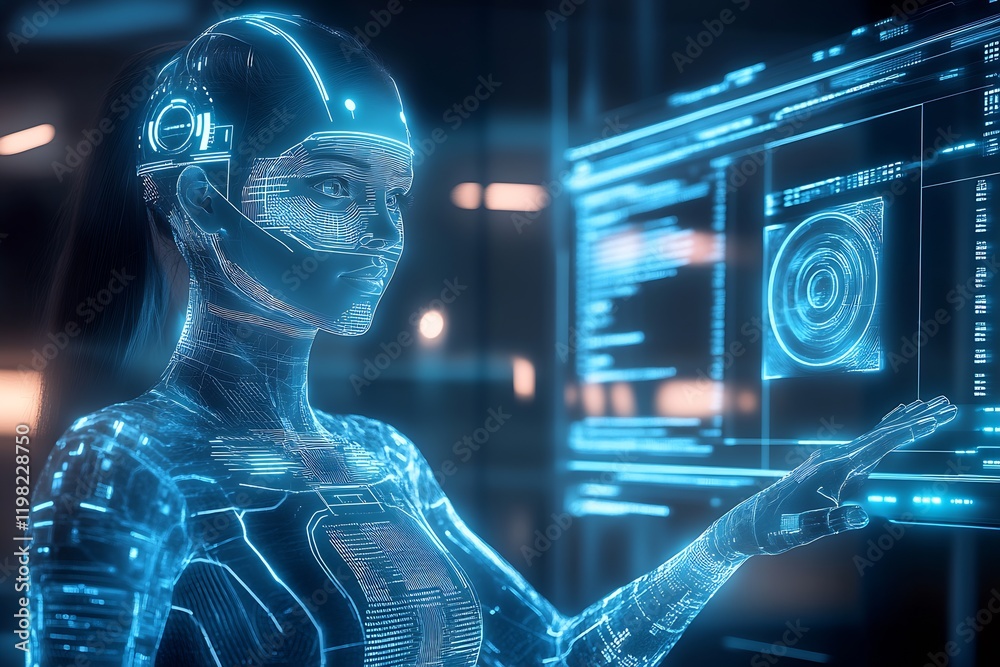 Poster Futuristic AI Hologram Interface with Female Character in High Tech Environment : Generative AI