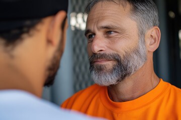 Fototapeta premium This intimate image captures a moment of connection and trust between two men in a warm and welcoming outdoor setting, showcasing their emotions and expressions.