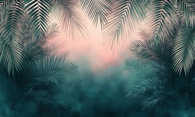 Tropical Jungle Scene Cascading Palm Leaves Watercolor Pastel Colors Soft Lighting Abstract Art