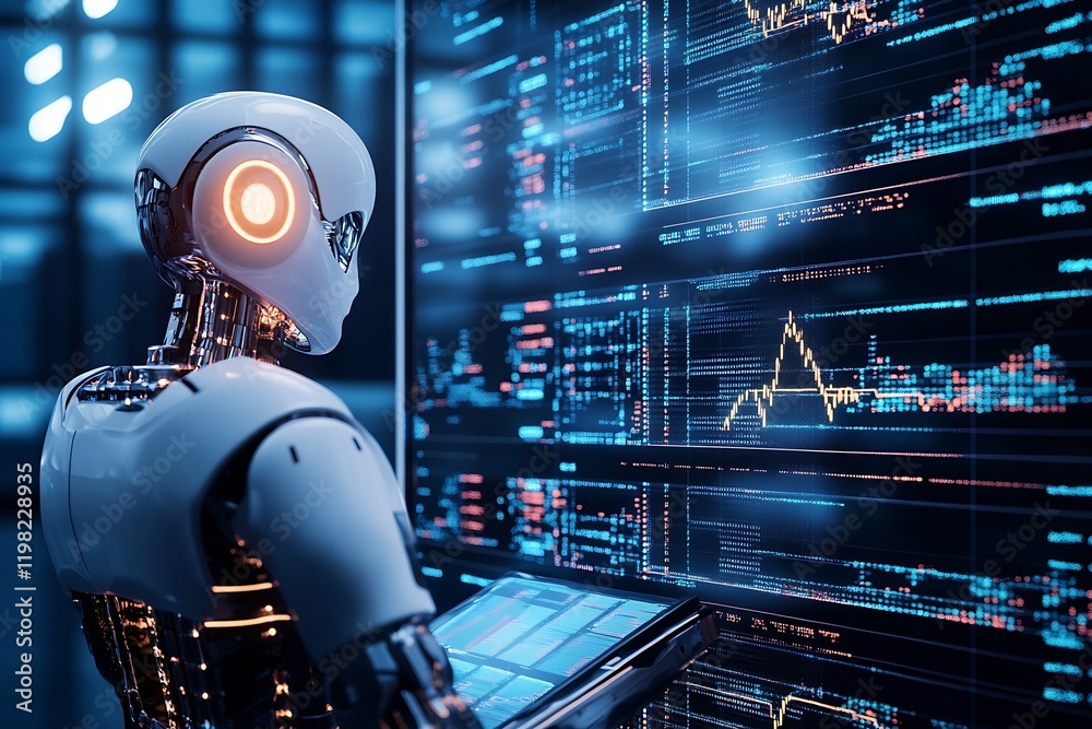 Aufkleber Robot Processing Financial Data on Advanced Digital Screen in High-Tech Office Environment : Generative AI