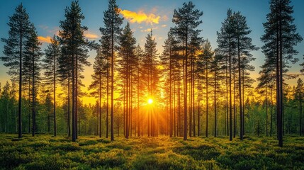 Golden Sunset in a Pine Forest: Nature's Embrace at Dusk