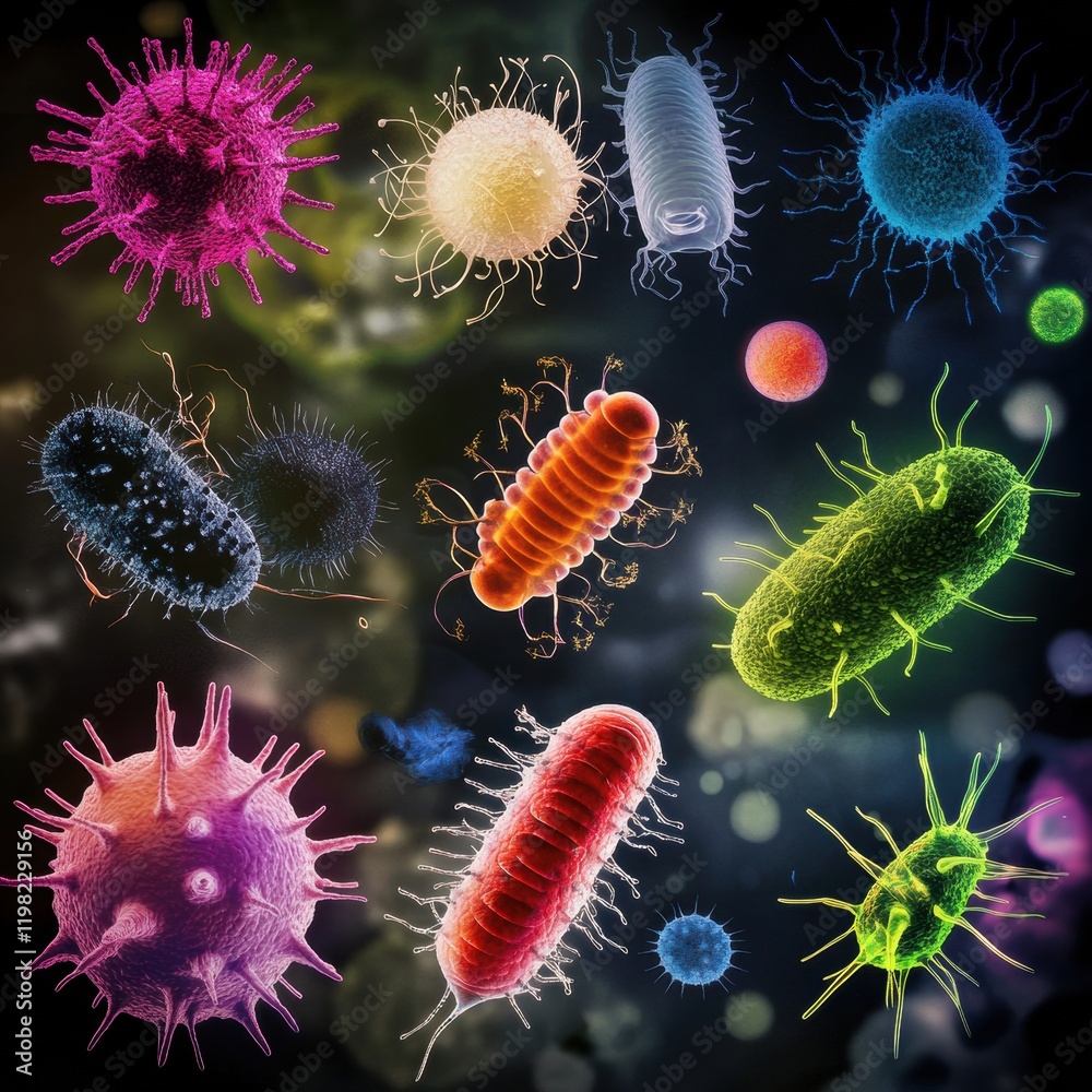 Poster evolution of bacteria in various forms showcasing diversity and complexity in microbial life. genera