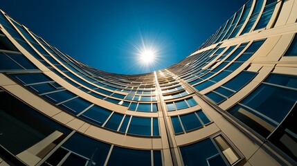 Contemporary Building with Sunburst Reflection on Curved Glass Architecture : Generative AI