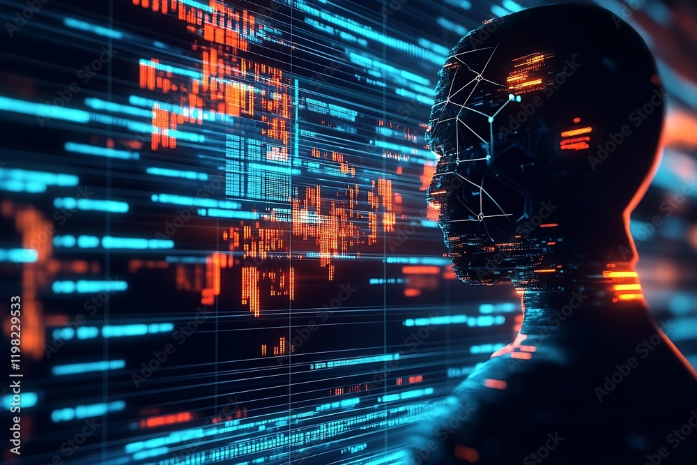 Aufkleber Futuristic Digital Human with Abstract Data Elements for Technology and Innovation : Generative AI