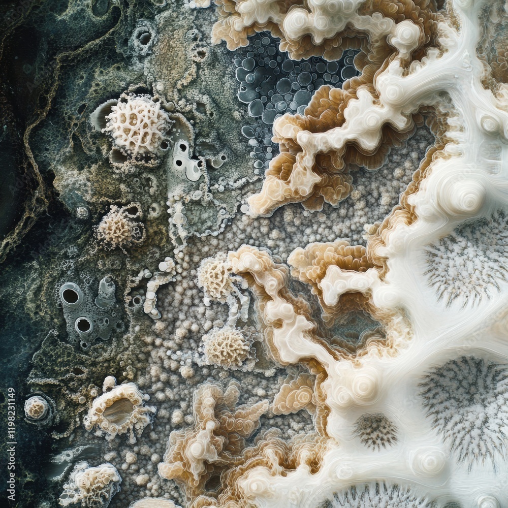 Aufkleber Dense microbial layer showcasing complex textures and patterns in a natural environment under a microscope. Generative AI