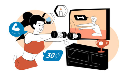 Online sport classes. Woman with dumbbells squats near screen with training video. Active lifestyle and sports. Fitness and workout. Home gym. Linear vector illustration