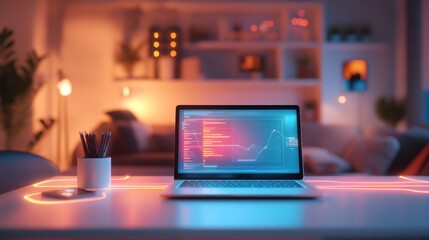 Laptop displaying code and graph in a dimly lit room.