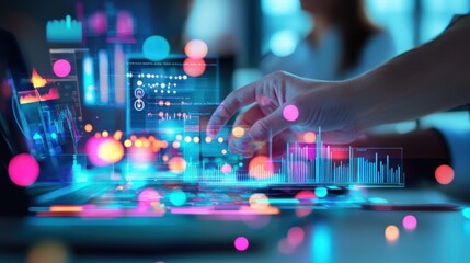 A person is touching a computer screen with a blue background