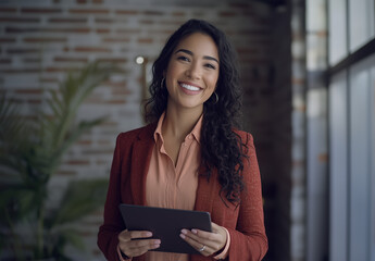 Portrait of Beautiful professional Female entrepreneur Boss or employee holding a tablet with a well lit bright office background. Smiling and happy executive corporate businesswoman
