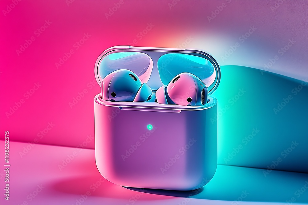 Poster wireless earbuds in charging case with neon lighting background : generative ai