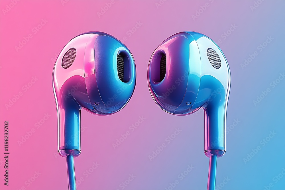Poster trendy pink and blue bluetooth earbuds with gradient background for sound aficionados : generative a