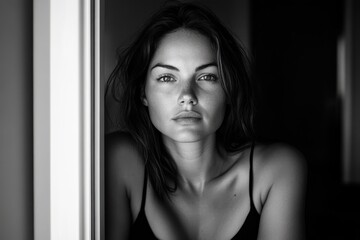This captivating portrait showcases a beautiful woman with striking features, captured in black and white with soft lighting highlighting her strong gaze and serene expression.