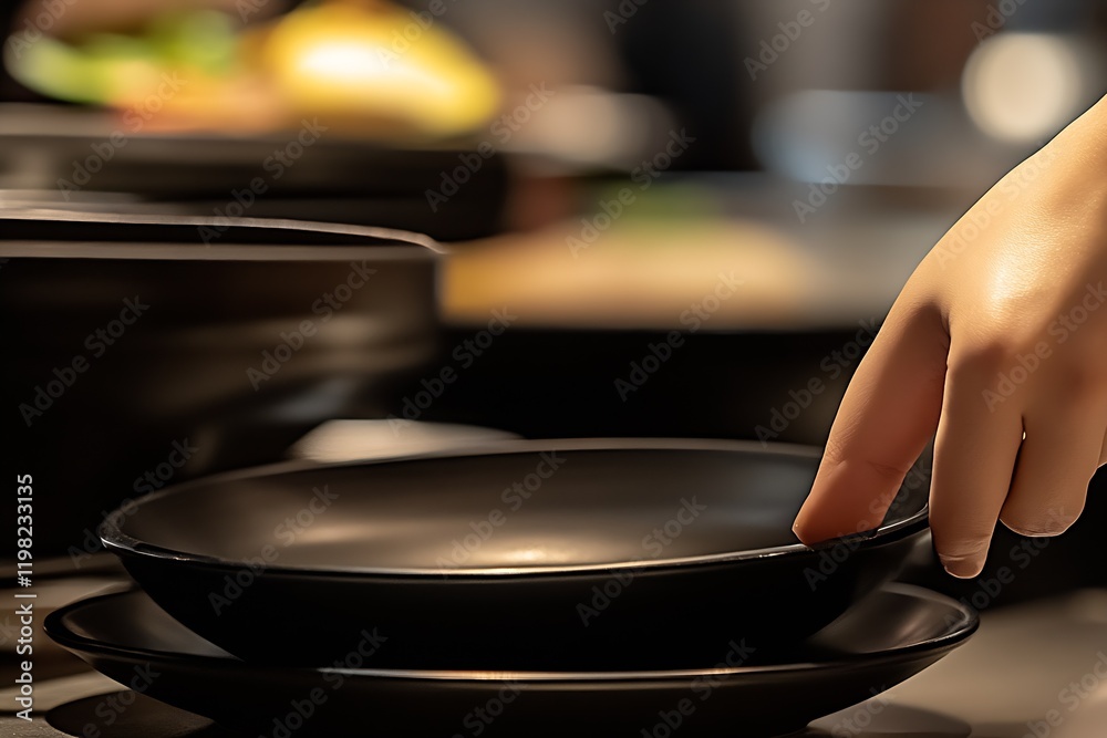 Poster Hand Arranging Black Plates on Table in Modern Restaurant Light Background : Generative AI