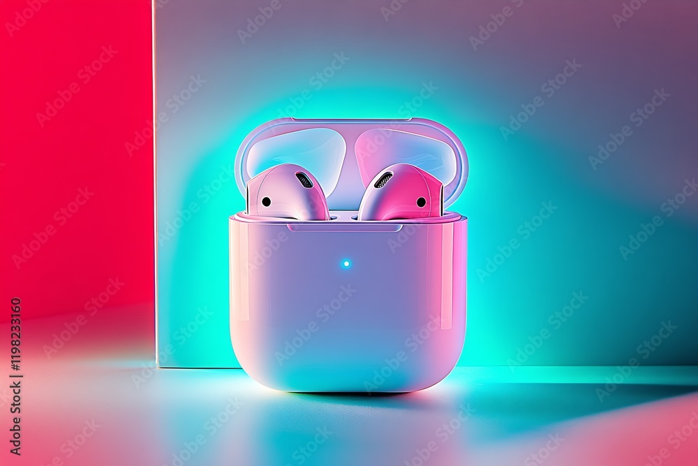 Poster glow in the dark wireless earbuds and charging case with neon lights : generative ai