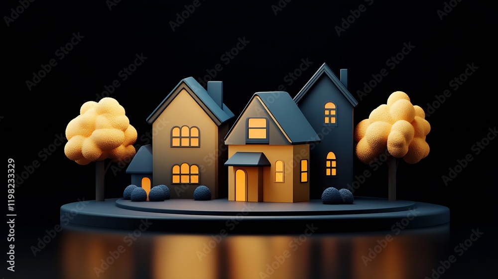 Poster cozy toy model houses illuminated by warm lights on dark background : generative ai