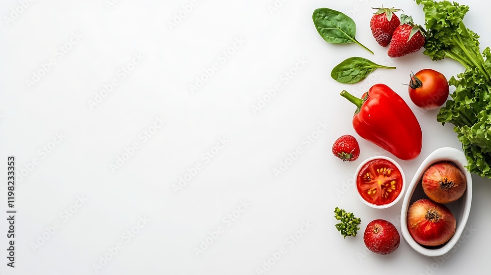 Poster healthy fresh produce selection with tomatoes and strawberries on minimal white background : generat