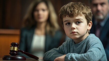 Sad boy sitting at a table in the background of his parents.