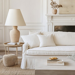 cozy living room featuring slipcovered sofa with removable fabric cover, stylish lamp, and decorative table. neutral tones create serene atmosphere