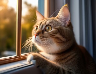 窓から顔をのぞかせるかわいい猫


