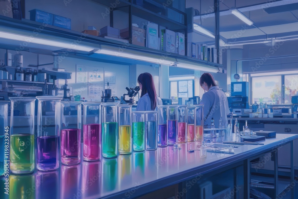 Aufkleber laboratory environment showcasing various colorful test tubes and scientists engaged in research act