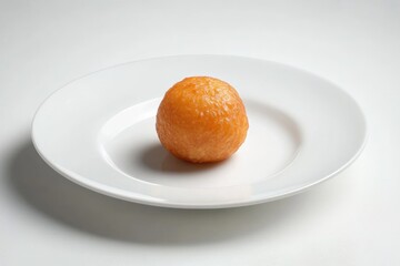 A single, golden-brown, round fried dough ball sits on a white plate.