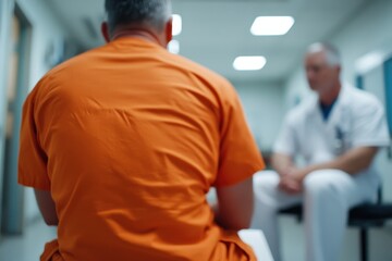 The image features a man in an orange prison uniform, seen from behind, as he interacts with a healthcare professional, indicating a pivotal moment in rehabilitation and care.