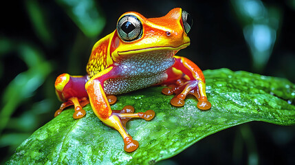 Vibrant Red and Yellow Frog on Lush Green Leaf in Rainforest