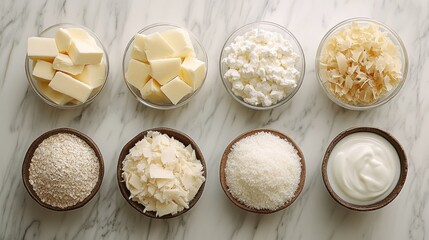 Dairy products assortment, marble background, food blog, recipe